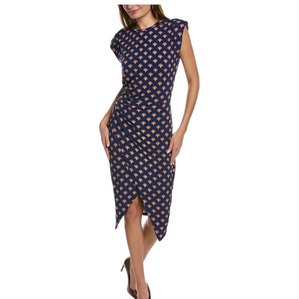 Leota Midi Dress Navy Blue Art Deco Print Ruched Tulip Hem Small Maximalist
